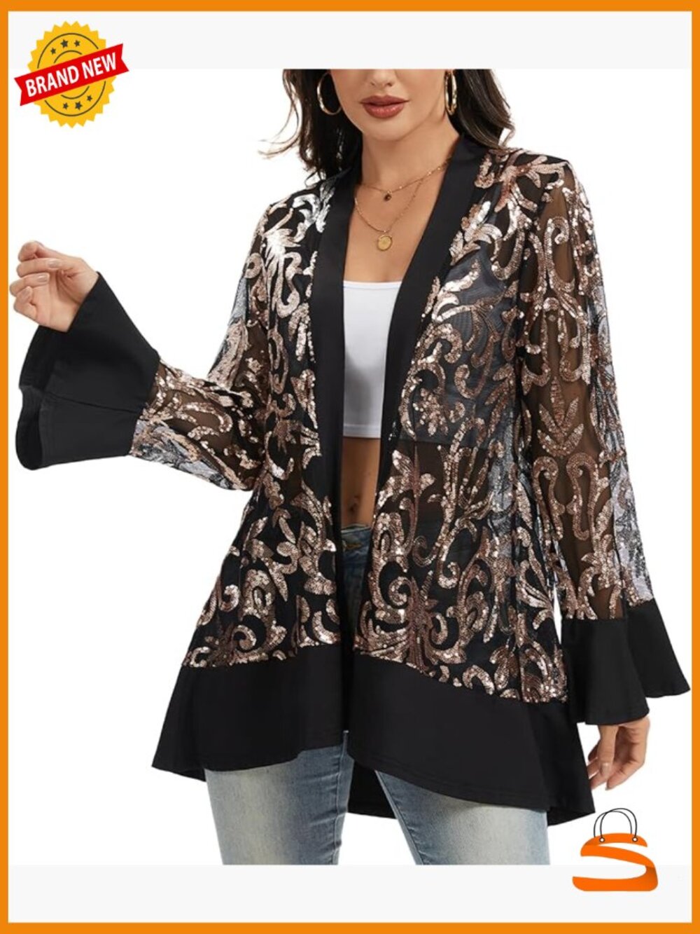 Women's Sequin Lace Mesh Cardigan Jacket Open Front Party Evening
